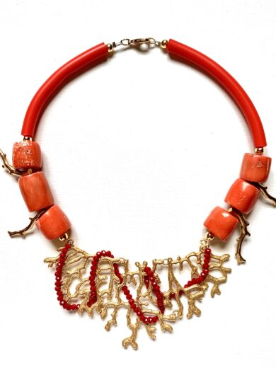 Vesta’s Ash handmade necklace made of Coral, Swarovski crystals, gold plated placed in central element and rubber